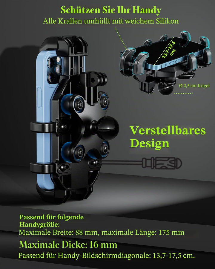 BRCOVAN Motorrad Handyhalterung mit Vibrationsdämpfer, Anti-Shake Handy Motorradhalterung, Verstellb