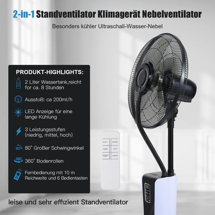 Ventilator mit Wasserkühlung, Standventilator, Ventilateur brumisateur mit Fernbedienung, Timer Stan