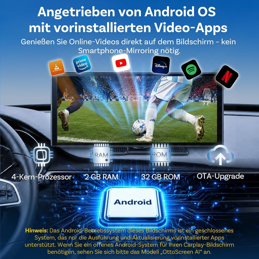 OTTOCAST ScreenFlow, Carplay Display mit YouTube, 11,4 Zoll Carplay Android Auto car Multimedia Play