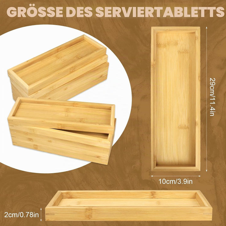 10 Stück Klein Bambus Tablett Set, 29 x 10 cm Rechteckig Serviertablett Holz für Untersetzer Tee Kaf
