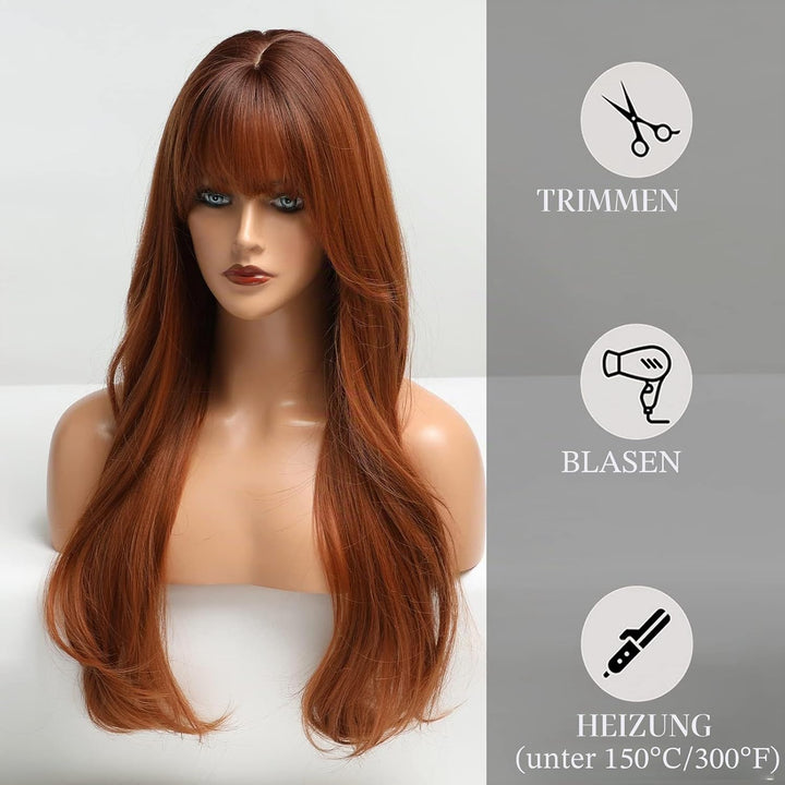 HAIRCUBE Lange Auburn Perücke mit Pony Layered Lockige Orange Perücken für Frauen Natürliche synthet