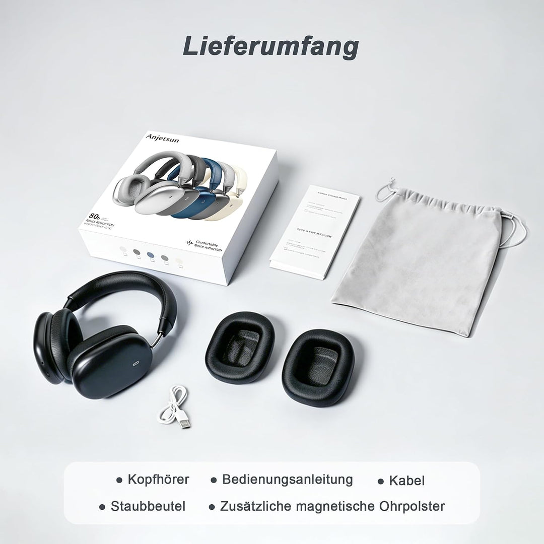 Over Ear Kopfhörer Bluetooth mit magnetischen Ohrpolstern | 80H Akku, 2 Extra-Sets Ohrpolster, mit M