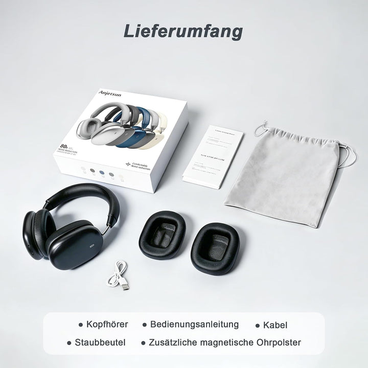 Over Ear Kopfhörer Bluetooth mit magnetischen Ohrpolstern | 80H Akku, 2 Extra-Sets Ohrpolster, mit M