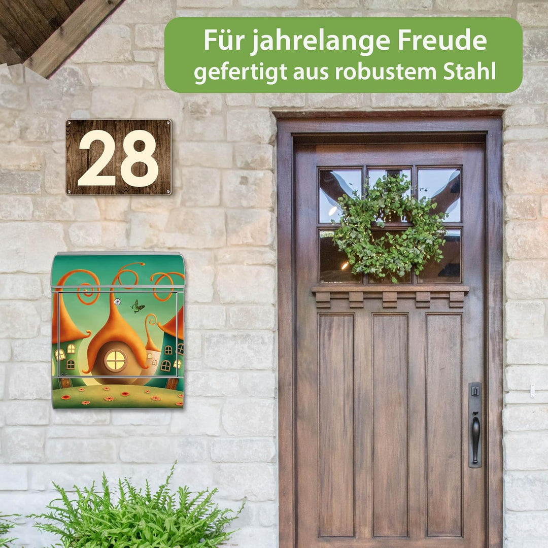 banjado® Design Briefkasten mit Motiv Zwergenhausen 39x47x14cm &amp; 2 Schlüssel - Briefkasten Stahl Sil