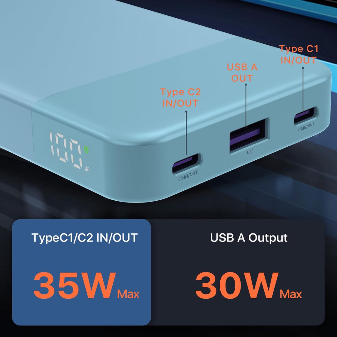 JUOVI Tragbare Powerbank 10000 mAh 35 W Schnellladung Tragbares Ladegerät mit PD 3.0 QC 4.0, 2 Typ-C