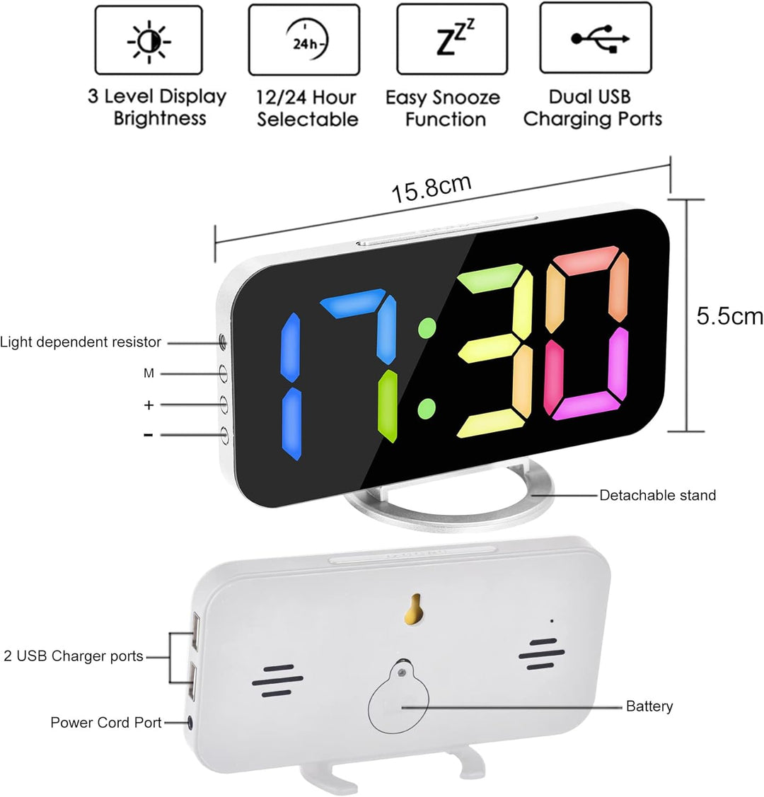 SZELAM Digitaler Wecker, Wecker am Bett, 7 Zoll LED-Spiegelwecker, mit 2 USB-Ladeanschlüssen, Snooze