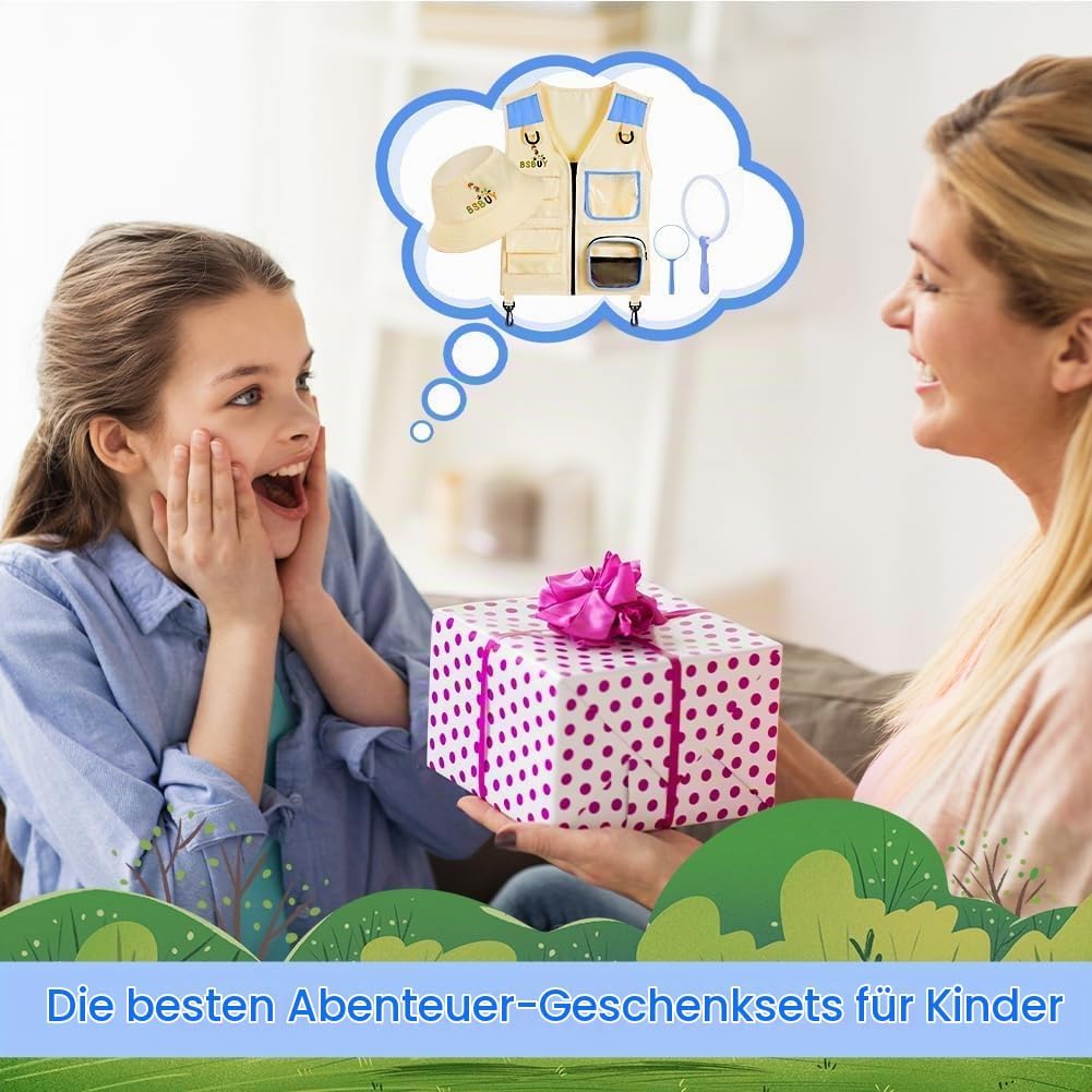 Forscherset für Kinder 4Pcs Exploration Spielzeug mit Frachtweste Hut Insektennetz und Lupe Outdoor