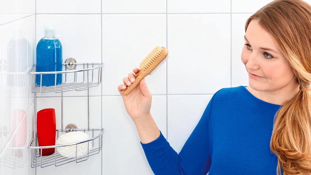 tesa baath Plus Eck-Duschregal, zweistöckig, inkl. Klebelösung, 275mm x 203mm x 205mm, Eck-Duschrega