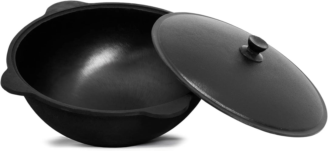 4BIG.fun Kazan aus Gusseisen 16 L mit Aluminium Deckel flacher Boden Usbek Schwenktopf NAMANGAN Kasa
