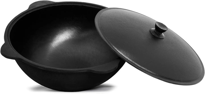 4BIG.fun Kazan aus Gusseisen 16 L mit Aluminium Deckel flacher Boden Usbek Schwenktopf NAMANGAN Kasa