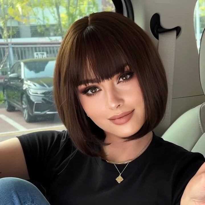 HAIRCUBE Gerade Kurze Charmante Bob mit Bangs Perücken für Frau Natur Hitzebeständige Synthetische F