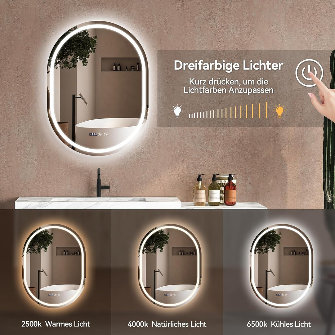 YOURLITE Badspiegel mit Beleuchtung Ovaler, Badezimmerspiegel Vertikaler mit LED Beleuchtung, LED Sp