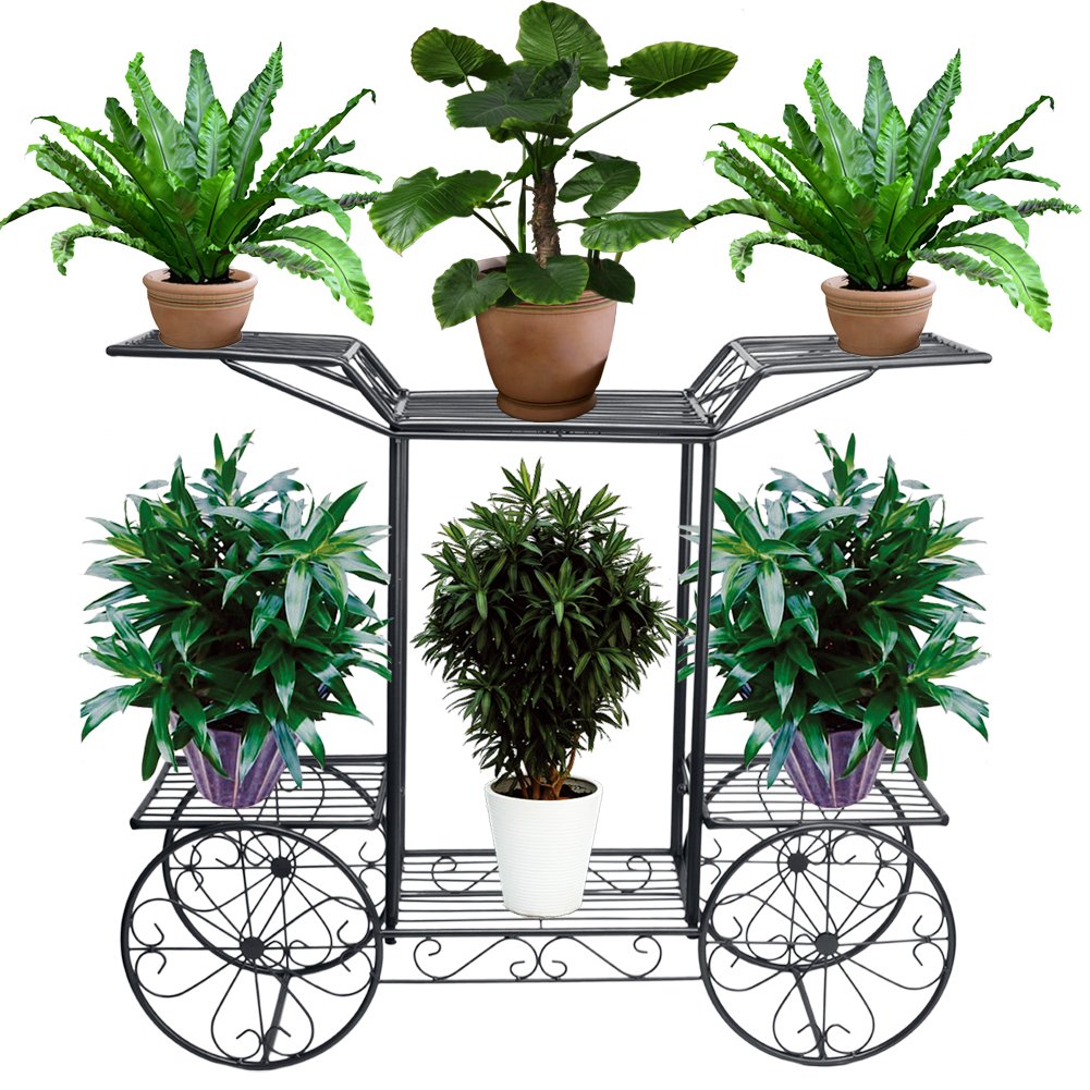 FullBerg 2 Ebene Blumenregal Metall für Pflanzen und Blumenampel, Vierradantrieber schwarz Blumenstä