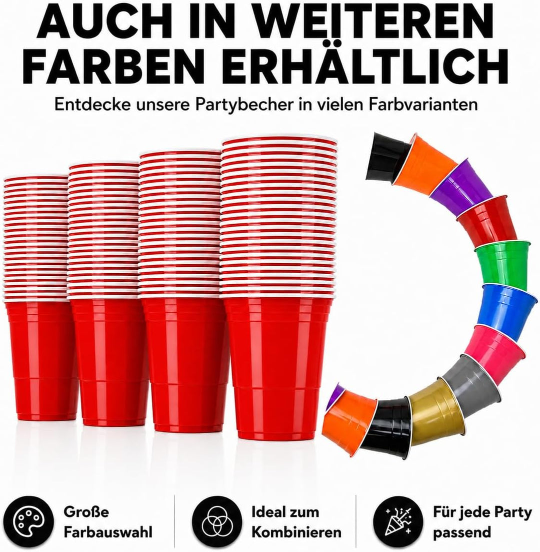 MYBEERPONG® Rotes Bierpong Becher Set | 100 Red Cups + 6 Beer Pong Bälle | 16 oz (~ 0,5 l) | Party B