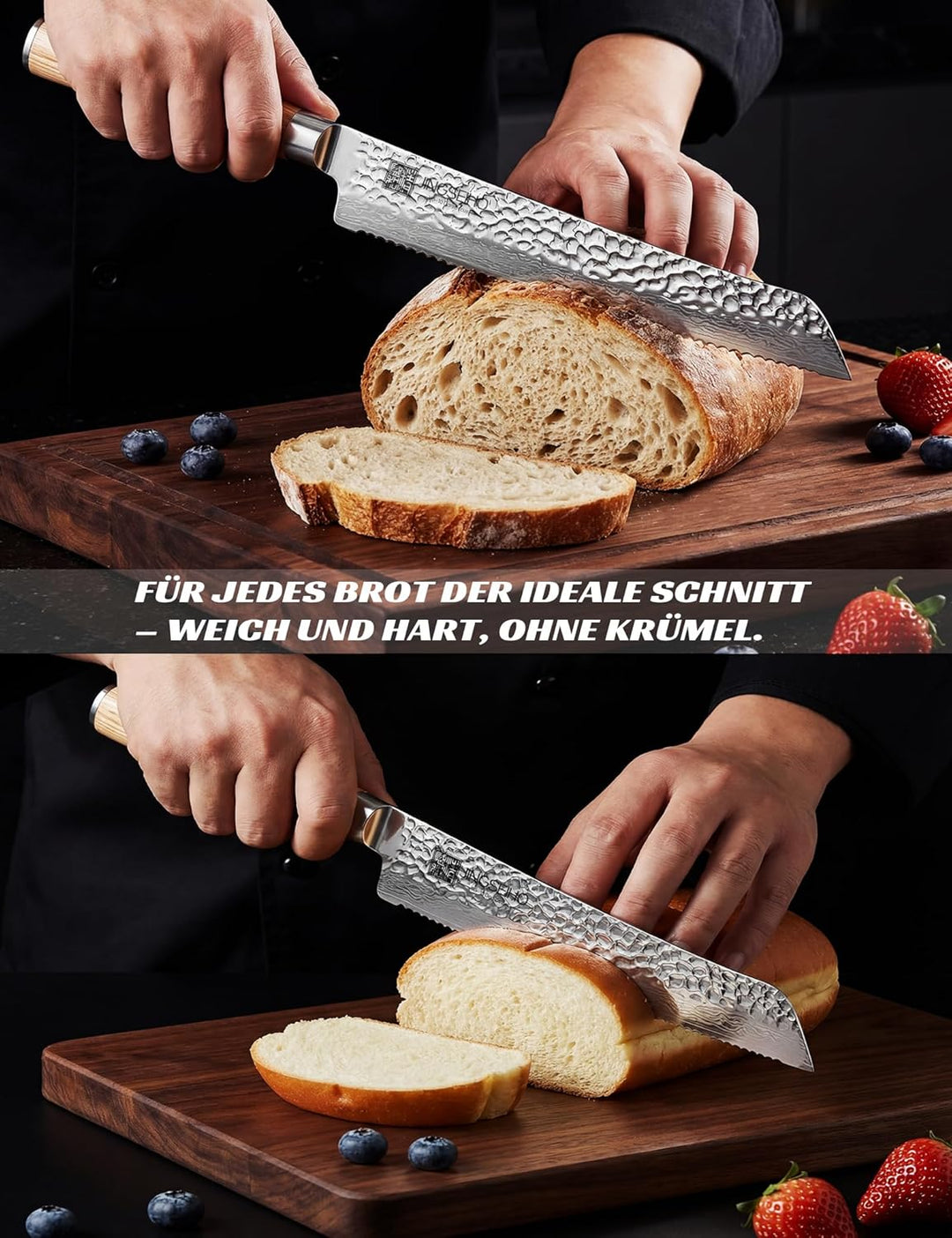 Japanisches Brotmesser Wellenschliff 20 cm, VG-10 Damaststahl-Klinge mit Extra Langer Schärfe, Perfe