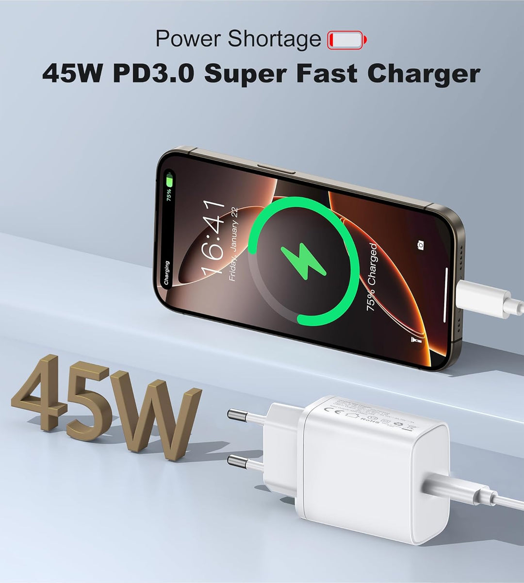45W USB C Ladegerät Ladekabel for iPhone 17 16 15/17 16 15 Pro/17 16 15 Pro Max/17 Air/16 15 Plus/iP