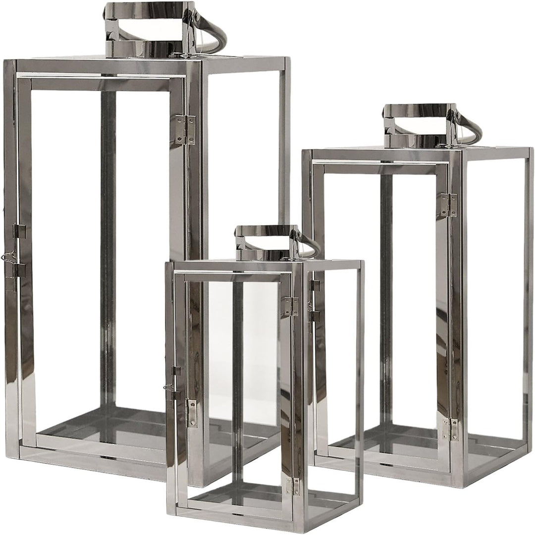 Luxus Edelstahl XXL Luxus 3er Set Gartenlaternen Set Windlicht Laterne Glas 30/40 / 53 cm Rostfrei