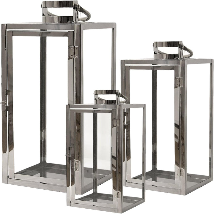 Luxus Edelstahl XXL Luxus 3er Set Gartenlaternen Set Windlicht Laterne Glas 30/40 / 53 cm Rostfrei