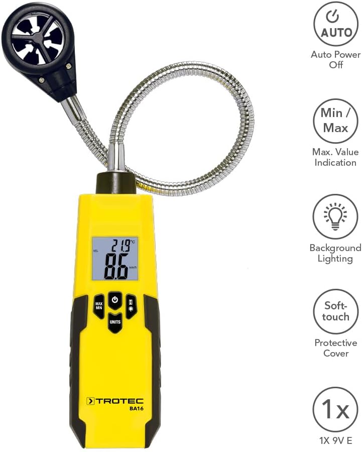 TROTEC Windmesser BA16 – Windmessgerät, Anemometer – Messbereich 1 bis 30 m/s, Abschaltautomatik, Me