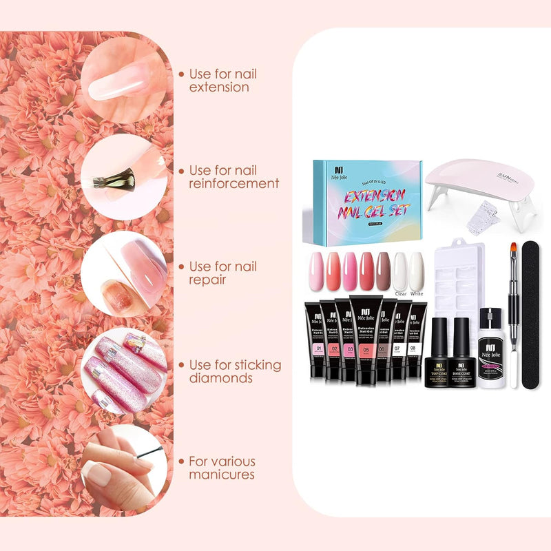Poly Nagel Gel Starter Set mit UV Lamp Poly Nagelgel Set mit 7 Farben und Basislack&Decklack Manikür