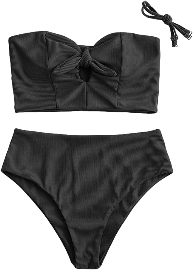 ZAFUL Women Keyhole Bandeau Tankini with Removable Straps, High Waisted Padded Bathing Suit Two Piec
