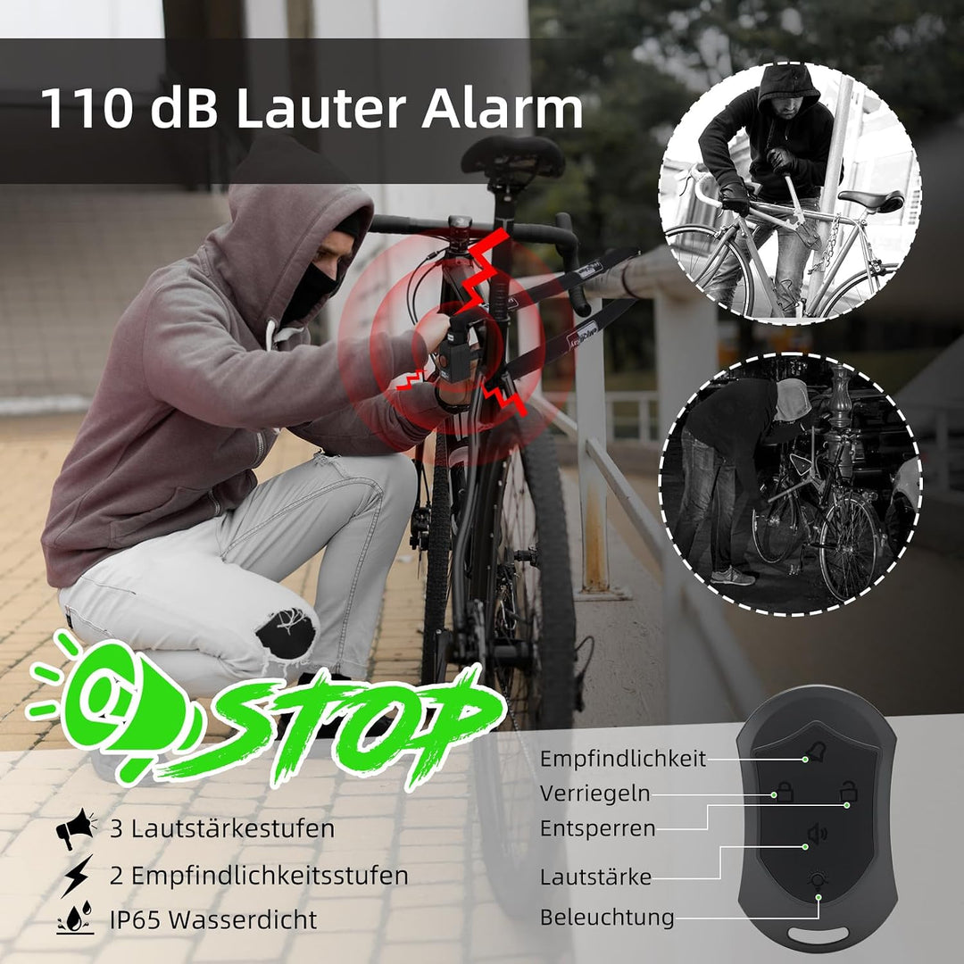120cm Fahrradschloss mit Alarm 110dB Fahrrad Alarmanlage Schloss für E Scooter Ebike Fahrradschloss