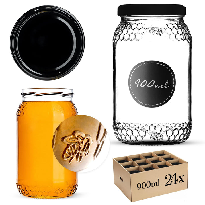 KADAX 24er Set Einmachgläser 900ml TO82 Schwarz, Grosse Sturzgläser mit Schraubdeckel, Einkochgläser