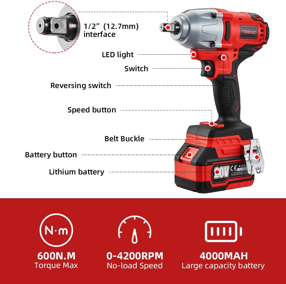 TEENO Bürstenloser Akku Schlagschrauber 1/2 Zoll 20 V,Lithium-Ionen Akkus 4,0 Ah, 4 Steckschlüsselei