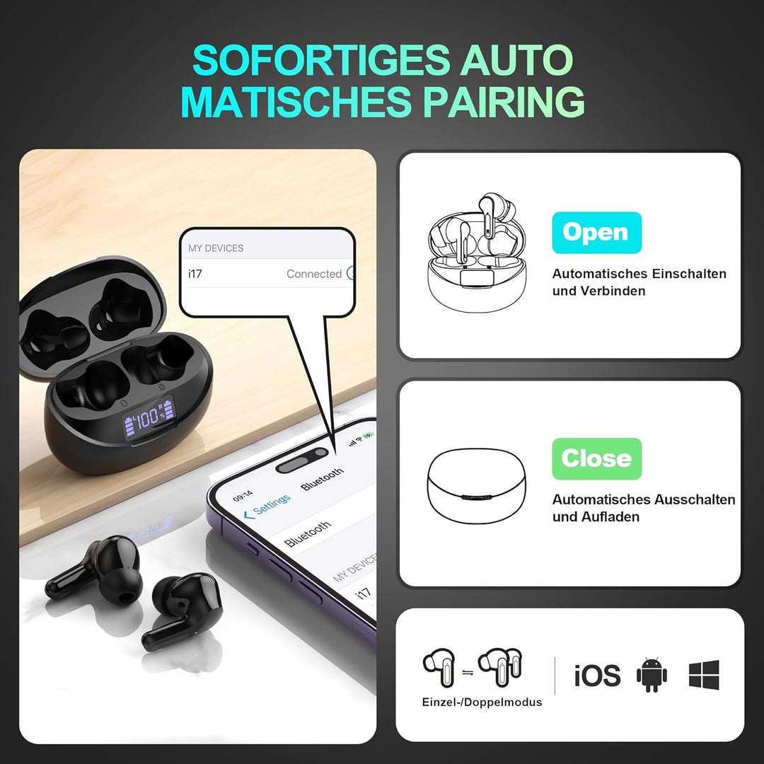 Bluetooth Kopfhörer Kabellos in Ear - Bluetooth 5.3 Hi-Fi Stereo Deep Bass Kabellose Kopfhoerer Nois