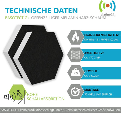 platino24 3D-Set Schallabsorber Colore aus Basotect G+ mit Akustikfilz, 6 Waben in Schwarz je Ø30cm,