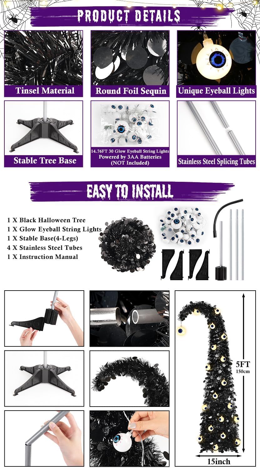 5FT Halloween Weihnachtsbaum mit 30 Augenlichtern, Pop-up Weihnachtsbaum | 8 Modi, Halloween Augapfe