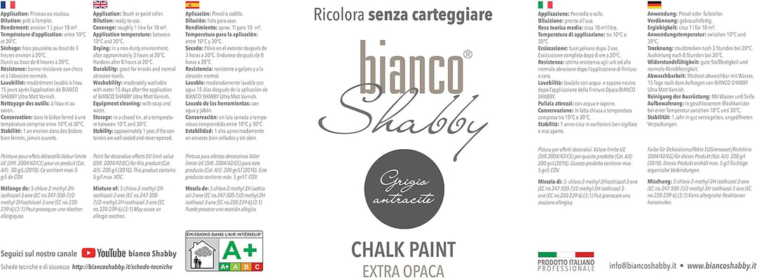bianco Shabby® Grigio Antracite Kreidefarbe Wasserbasis für Alle Oberflächen einfach zu verarbeiten