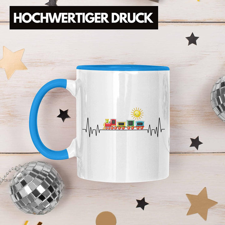 Trendation - Zug Züge Herzschlag Tasse Geschenk für Eisenbahner Zugführer Hobby Geschenkidee (Blau),