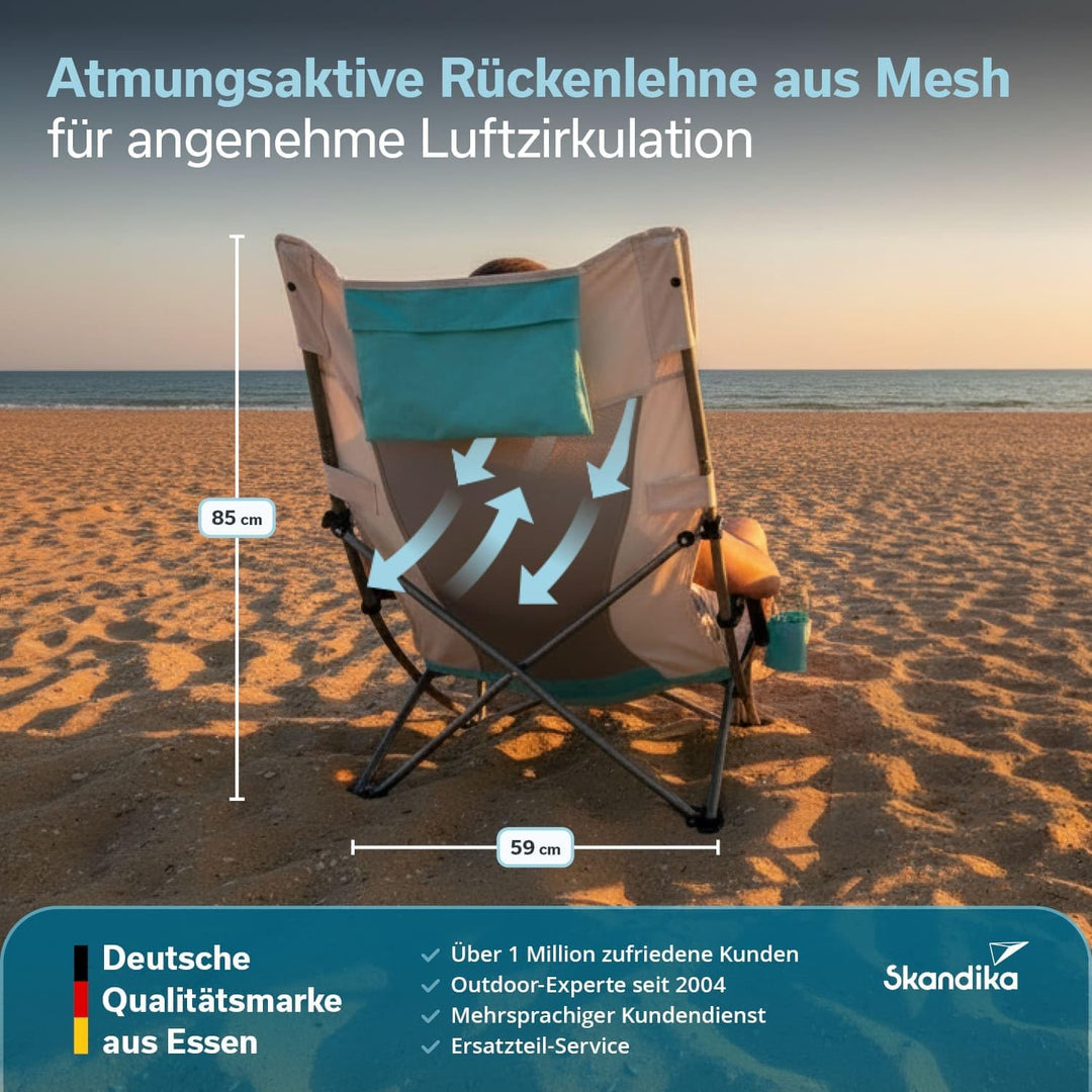 Skandika Strand Klappstuhl Beach | Bequemer Strandstuhl mit atmungsaktivem Mesh, Getränkehalter, nie