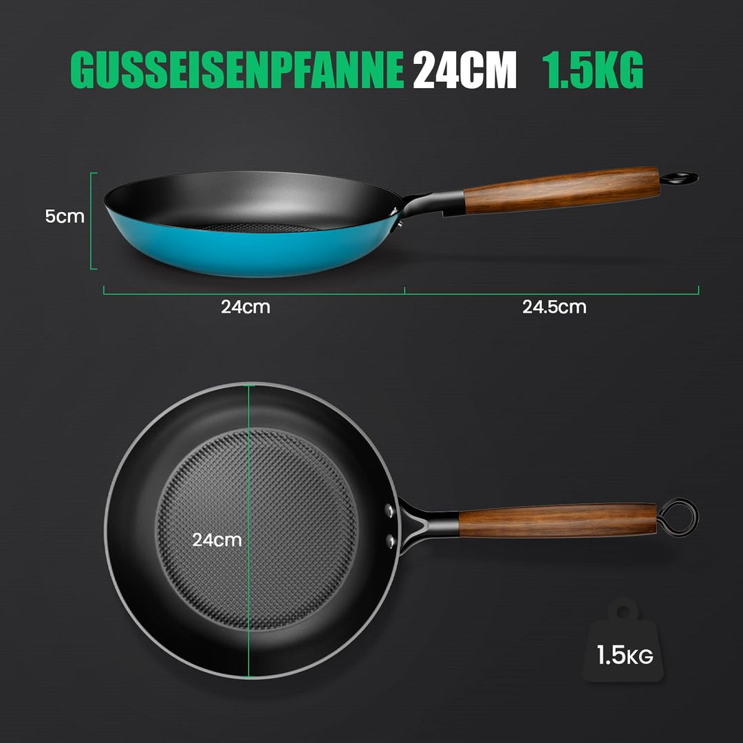 YUTANN Gusseisenpfanne, Nonstick Frying Pan, Pfannen 24cm mit Abnehmbarer Holzgriff, PFAS-Frei, PFOA