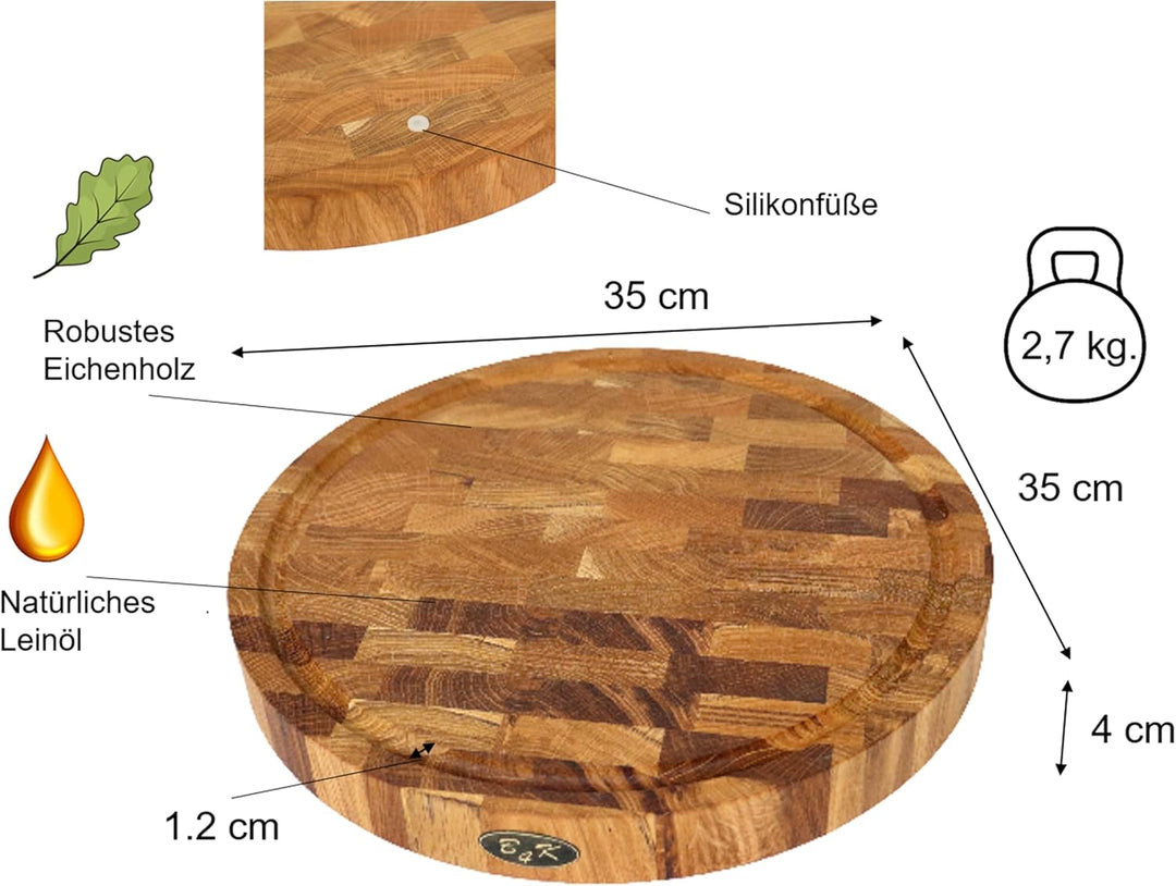 B4K® Schneidebrett aus Eiche Stirnholz 35 × 35 × 4 cm – Massiver Hackblock | Antibakterielles Hirnho