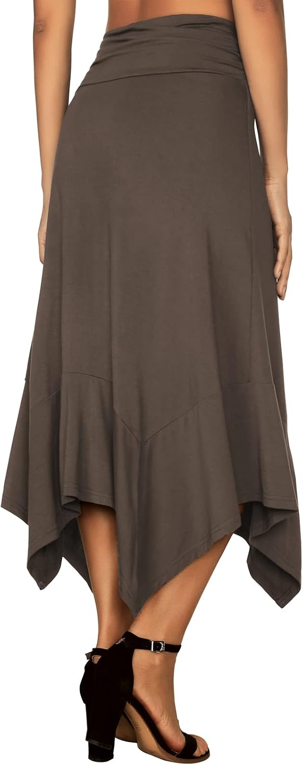 DJT Damen Elegant Elastisch Taille Rock A-Linie Faltenrock Midi Rock mit Taschentuch Saum S Tannenza