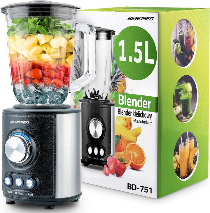 Berdsen - Becher-Mixer - Smoothie Maker - mit grossem 1,5 L Glasbehälter und Edelstahlklinge - 13 50