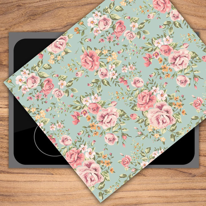 SmartDecoration Herdabdeckplatte Ceranfeldabdeckung aus Glas 60x52 cm Einteilig Motiv "Blumen" Blau