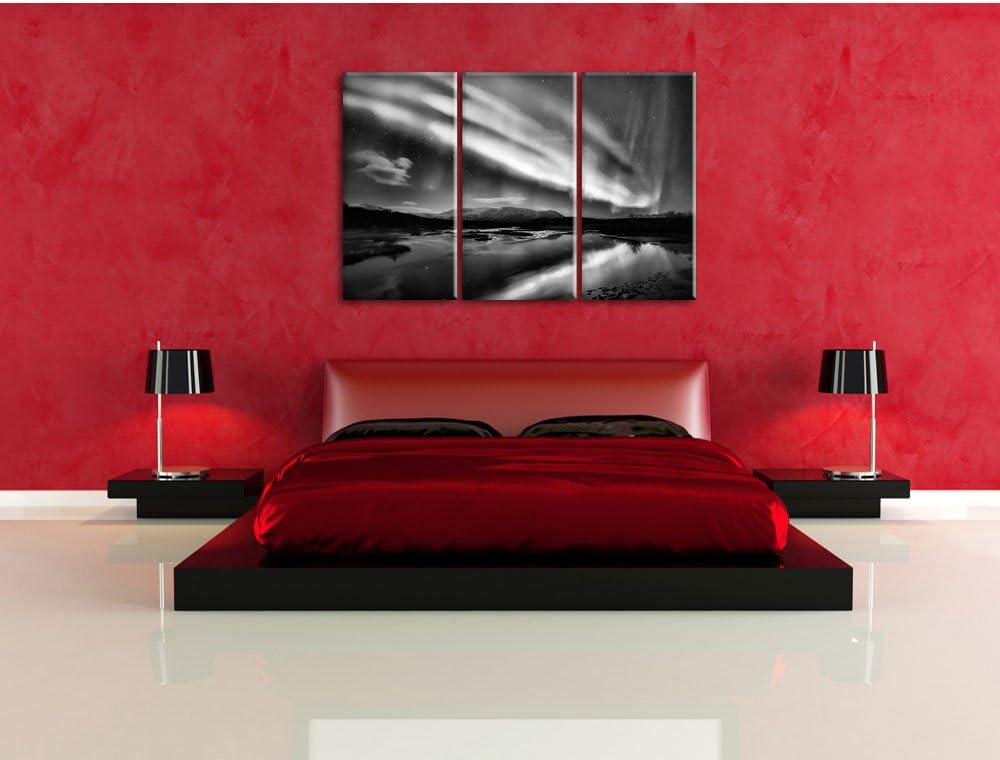 Pixxprint Monocrome, Polarlichter in Skandinavien 3-Teiler Leinwandbild 120x80 Bild auf Leinwand