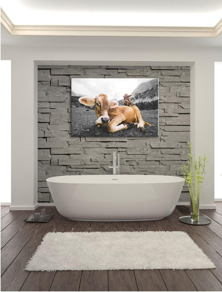 Pixxprint Almkuh in den Bergen als Leinwandbild/Grösse: 100x70 / Wandbild/Kunstdruck/fertig bespannt