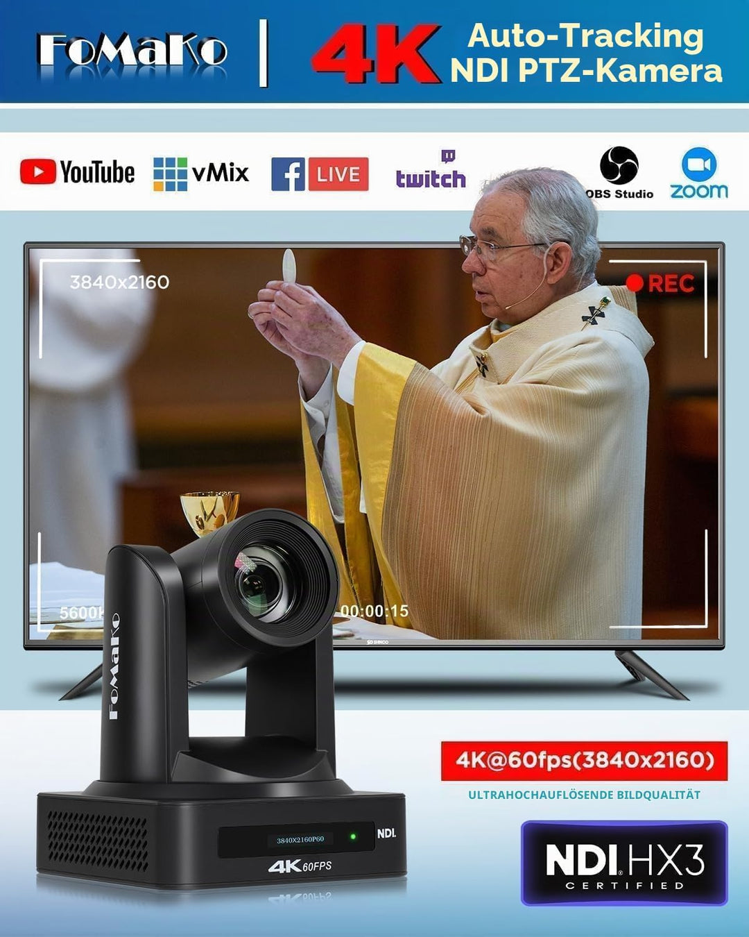 FoMaKo 4K 60FPS NDI HX3 PTZ Kamera, KI-Auto-Tracking, 20x Optischer Zoom NDI-Ausgang 4K@60, mit HDMI