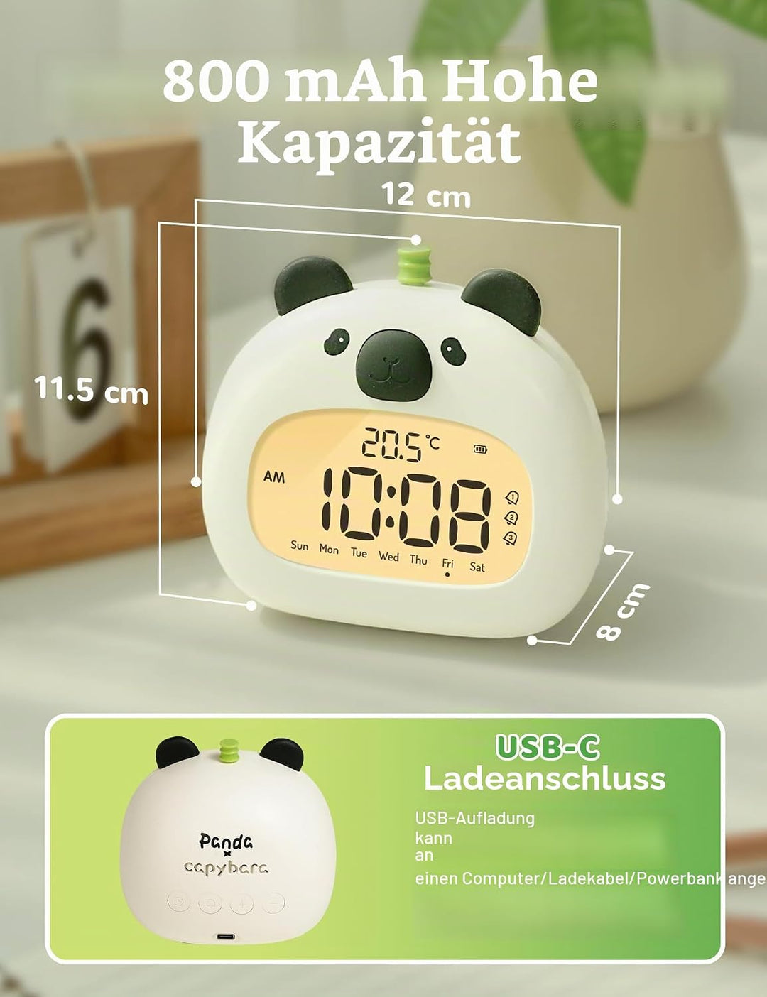 IHALO Cute Kinderwecker, Nachttischwecker mit Panda Nachtlicht, digitales LED-Display, 3,15 Zoll, DR