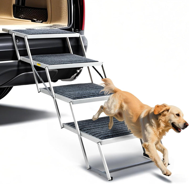 Hundetreppe Auto mit Teppich, Extra Breit 4 Stufen Hunderampe Auto Klappbar,Leichte Hunderampe Auto