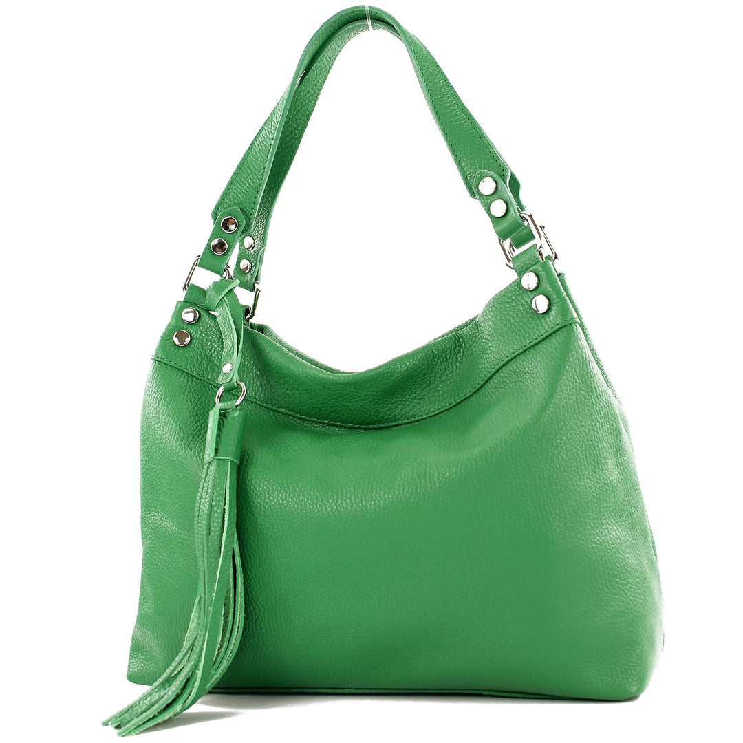 modamoda de - T201 - ital. Damen Schultertasche aus Echtleder Blattgrün, Blattgrün