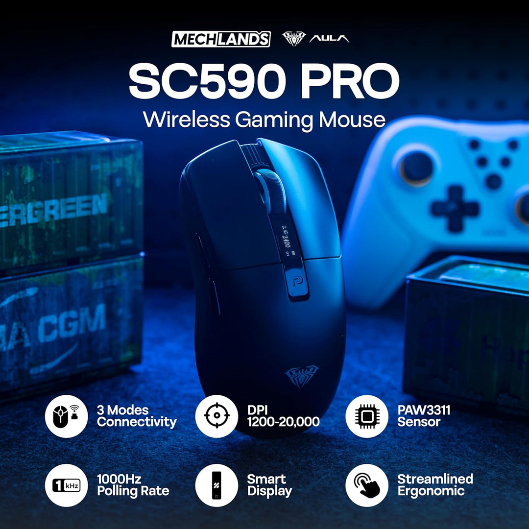 MechLands Aula SC590 PRO Gaming-Maus mit Display, kabellose 2,4-GHz/USB-C/BT Maus mit 500-mAh-Akku,