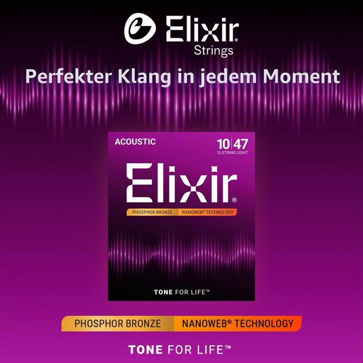 Elixir® 16152 Saiten Phosphor Bronze 12-saiter Akustik-Gitarrensaiten mit NANOWEB® Beschichtung, Lig
