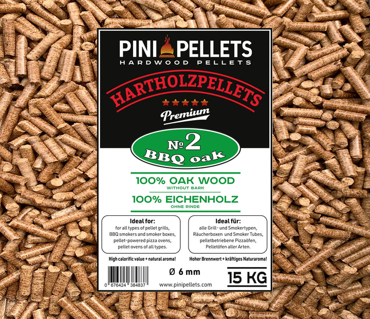 PINI Grillpellets 15 KG – Holzpellets 100% Eiche №2 zum Grillen, Räuchern, Smoken auch für pelletbet