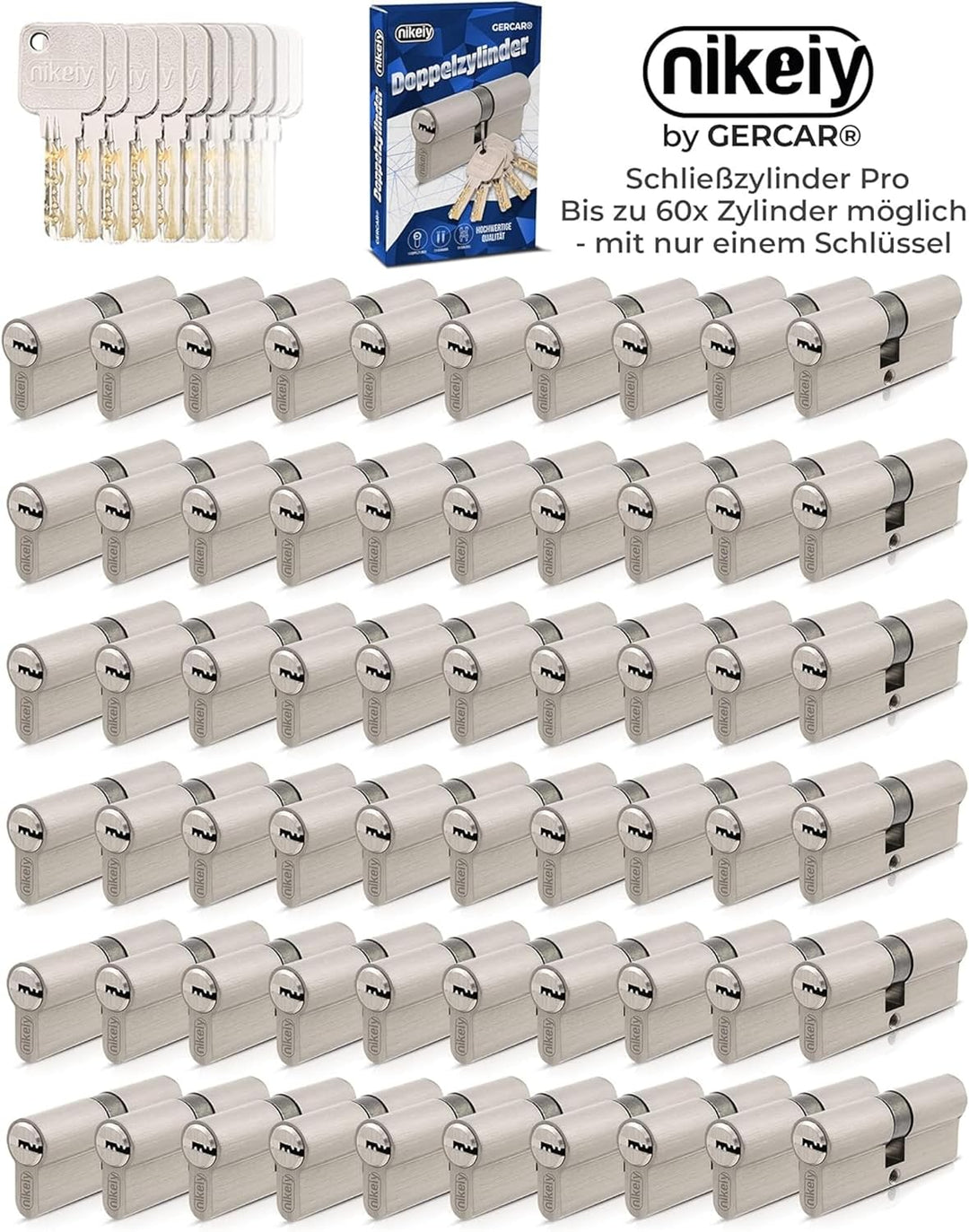 GERCAR Pro 10x Knaufzylinder 30/30 gleichschliessend Set 10 Schliesszylinder mit Knauf inkl. 50 Schl