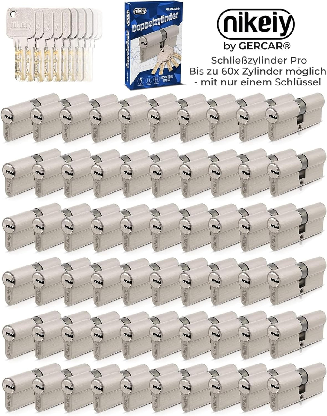 GERCAR Pro 3x Knaufzylinder 30/30 gleichschliessend Set 3 Schliesszylinder mit Knauf inkl. 15 Schlüs